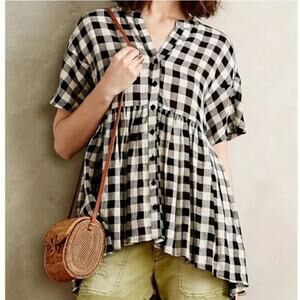 11.1 Tylho Anthropologie Black & Cream Gingham Buffalo Check Flowy Babydoll Top